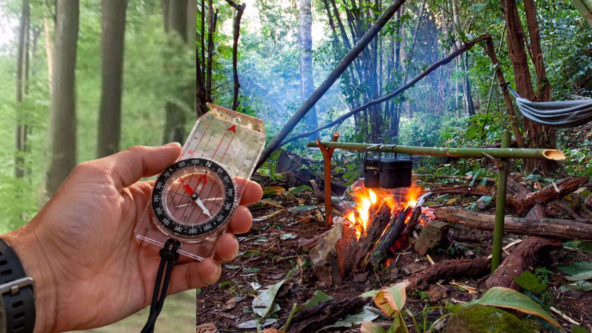 Kompas w dłoni i ognisko w obozowisku podczas wycieczki leśny survival dla szkół w lesie